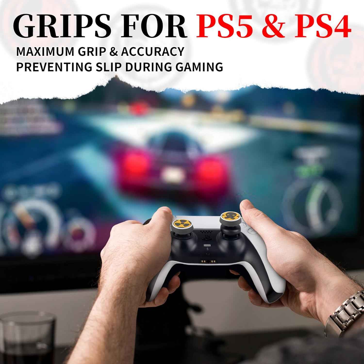 PlayRealm NO Falling Off Thumbstick Extender x 2 & Thumb Grip x 4 for PS5 & PS4 Controller (Fallout)