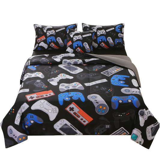 JQinHome Full Gamer Comforter Set,6 Piece Bed in A Bag 3D Video Game Bedding -All Season Down Alternative Gamer Bedding Sets - (Blue Game Controller) Black(gamepad Collection)