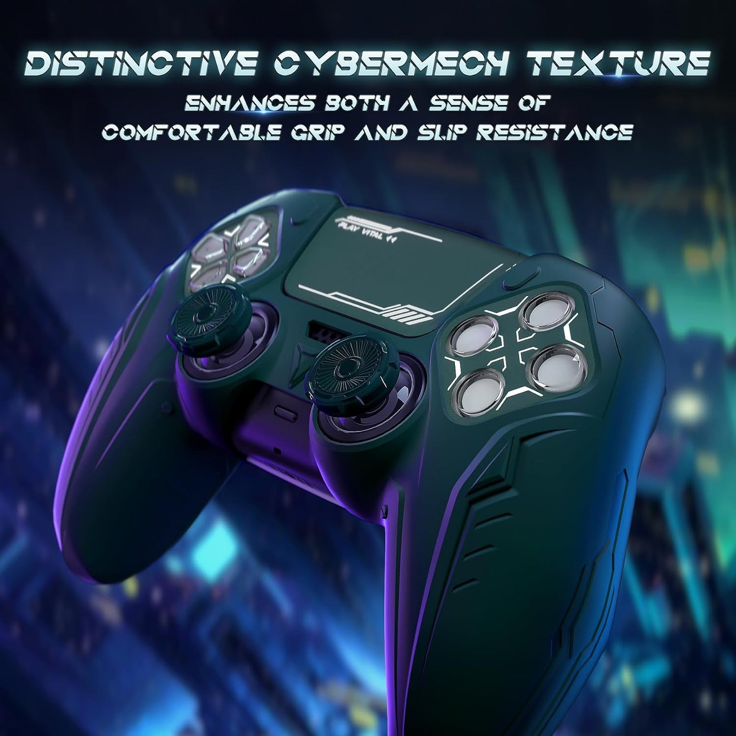 PlayVital Silicone Skin Set for PS5 Controller - Charging Dock Compatible, Full Protection Case with Futuristic CyberMech Design, Soft Cover with Thumb Grips & Stickers - Racing Green