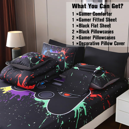 JQinHome Full Gamer Comforter Set,6 Piece Bed in A Bag 3D Video Game Bedding -All Season Down Alternative Gamer Bedding Sets - (Blue Game Controller)
