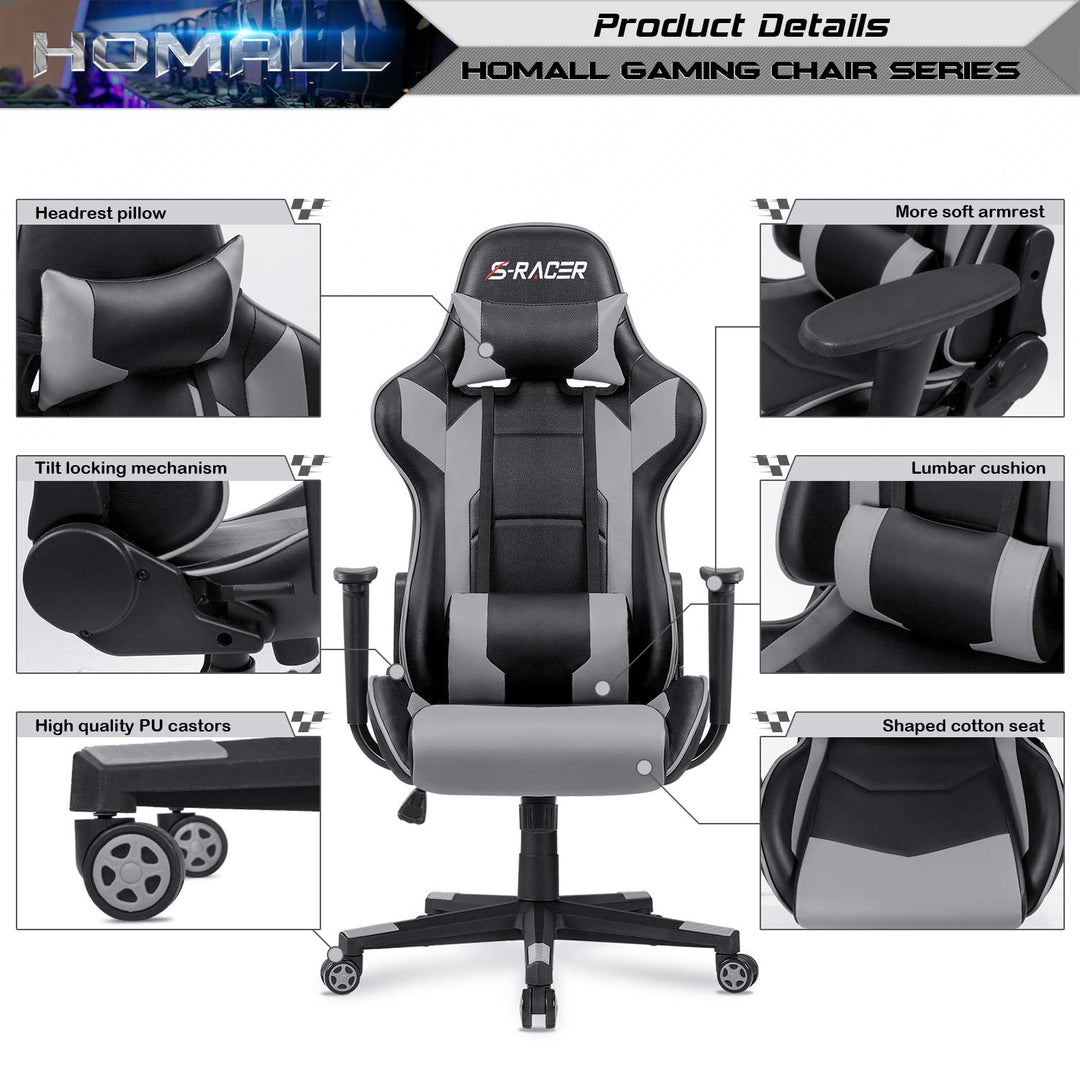 Homall Gaming Chair, Office Chair High Back Computer Chair Leather Desk Chair Racing Executive Ergonomic Adjustable Swivel Task Chair with Headrest and Lumbar Support (White) - Gapo Goods - 