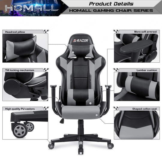 Homall Gaming Chair, Office Chair High Back Computer Chair Leather Desk Chair Racing Executive Ergonomic Adjustable Swivel Task Chair with Headrest and Lumbar Support (White) - Gapo Goods - 