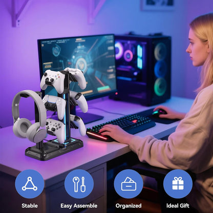 KDD RGB Multi-Controller Holder with 9 Light Modes - Rotatable Universal Headphone Hanger - Controller Stand with 6 Detachable Hooks for Desktop Gamer Accessories