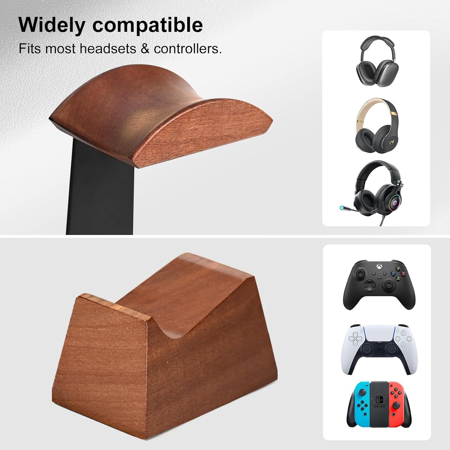 UPERGO Headphone and Headset Stand with Controller Holders for Gaming Desk | Solid Wood, Holds 2 Controllers, Storage Tray for Gaming Accessories, Compatible with PS5 and Xbox