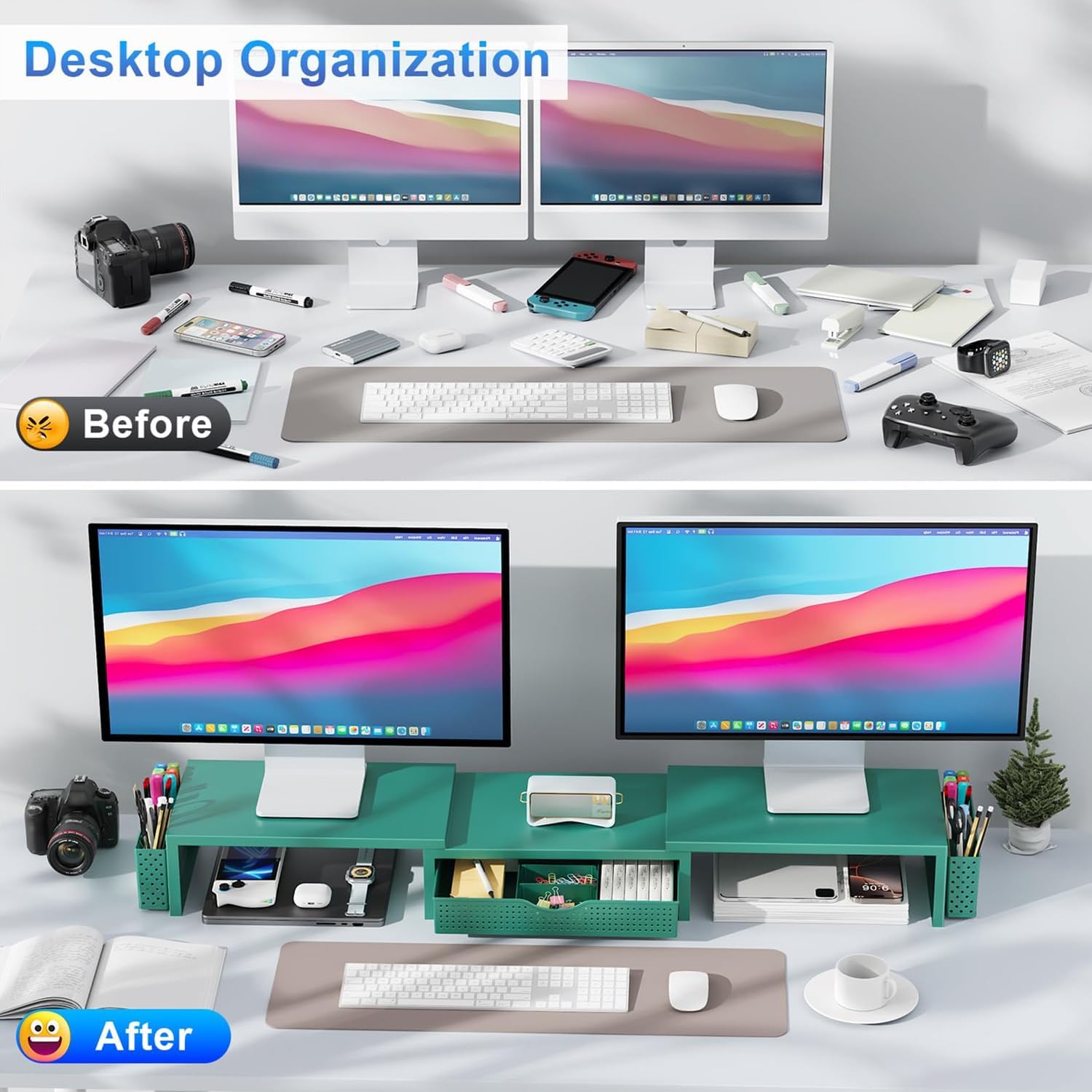 gianotter Dual Monitor Stand Riser With Drawer and 2 Pen Holders | Computer Monitor Stand Desk Organizer and Accessories Desk Shelf for Top of Desk (Green)