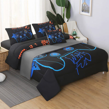 JQinHome Full Gamer Comforter Set,6 Piece Bed in A Bag 3D Video Game Bedding -All Season Down Alternative Gamer Bedding Sets - (Blue Game Controller)