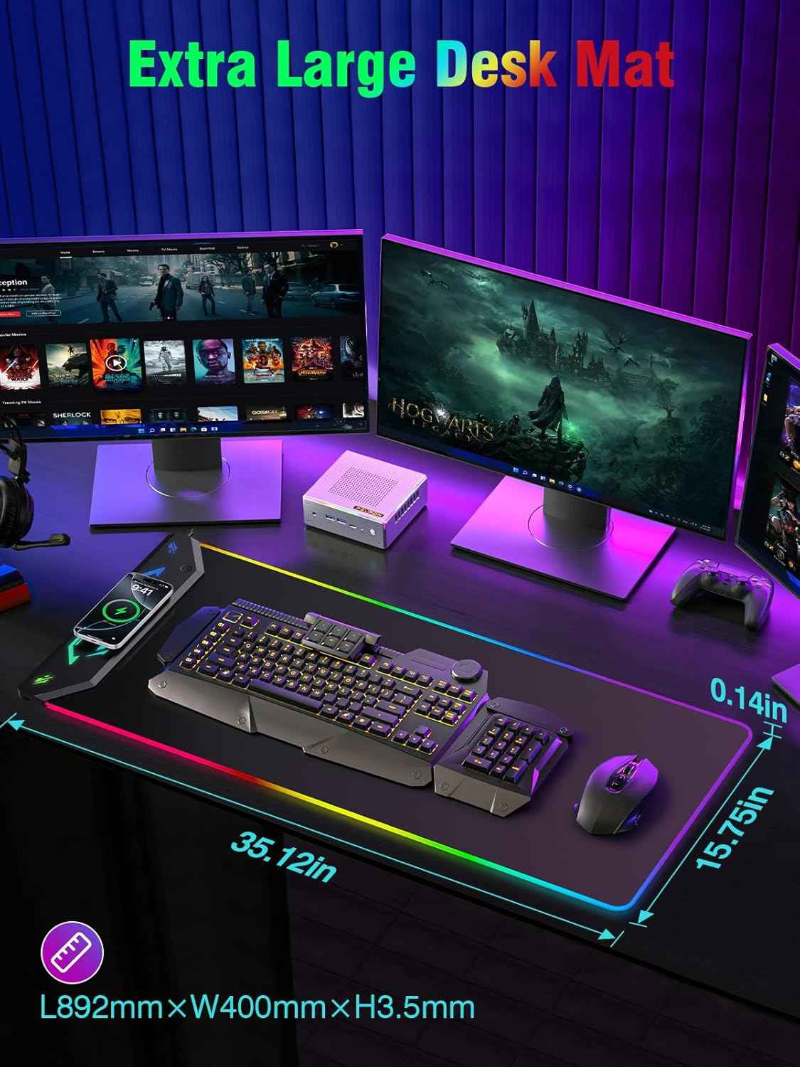 Gaming Mouse Pad, Magnetic Wireless Charging Mouse Pad Gaming, 35"x15.8" Large RGB Desk Mat for Laptop/Keyboard, 24 Light Effects, Non-Slip Base, Waterproof Ultra-Smooth Surface, with Adapter, Black