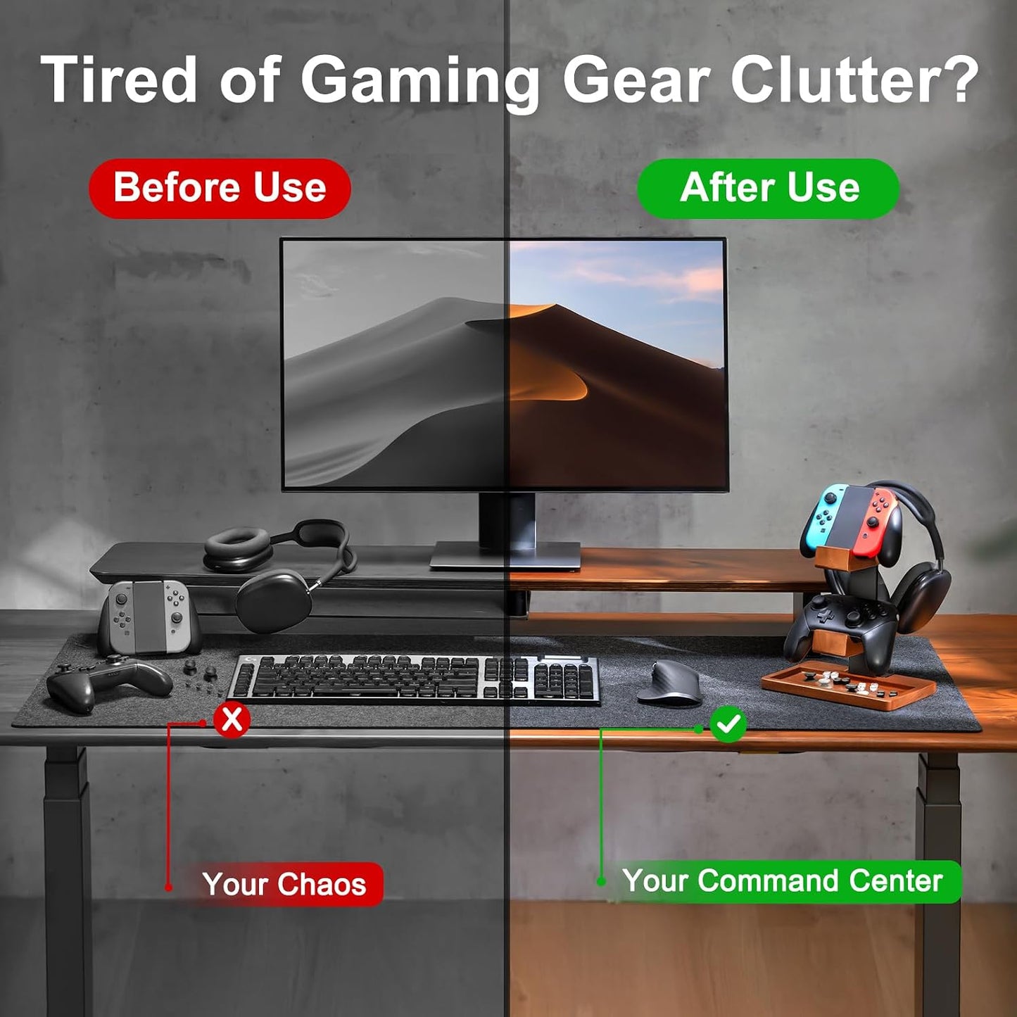 Solid Wood Controller Holder and Headphone Stand, Controller Stand for Desk | Dual Gaming Controller Organizer Rack, Fits Xbox, PS4, PS5, Gamepad, Headset Holder for Son, Husband, Boyfriend