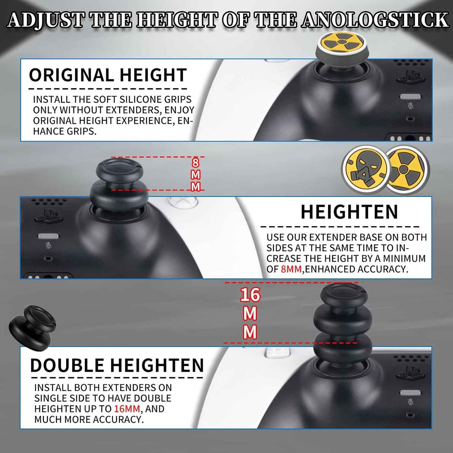 PlayRealm NO Falling Off Thumbstick Extender x 2 & Thumb Grip x 4 for PS5 & PS4 Controller (Fallout)