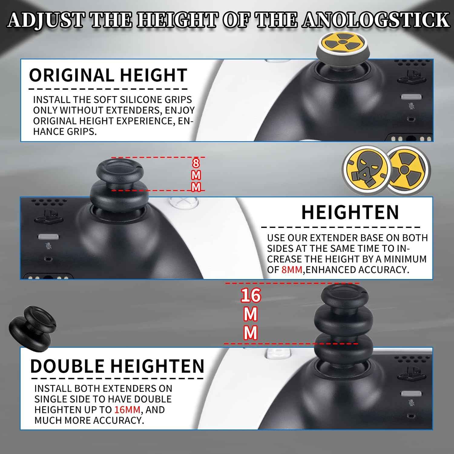PlayRealm NO Falling Off Thumbstick Extender x 2 & Thumb Grip x 4 for PS5 & PS4 Controller (Fallout)