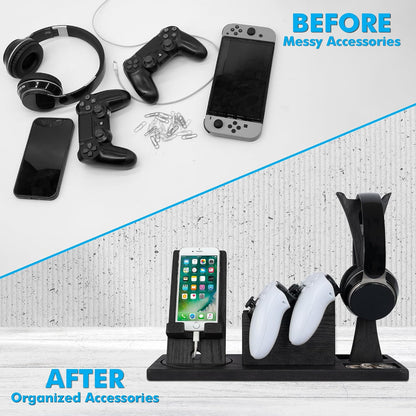 Unique Gift for Gamers, Game Room Decor. Unique Gaming Organizer with Headset Holder, Rotatable Phone Stand & Controller Stand. Wooden Gaming Gadget for Gaming Desktop, Streamer, Teenage Boy