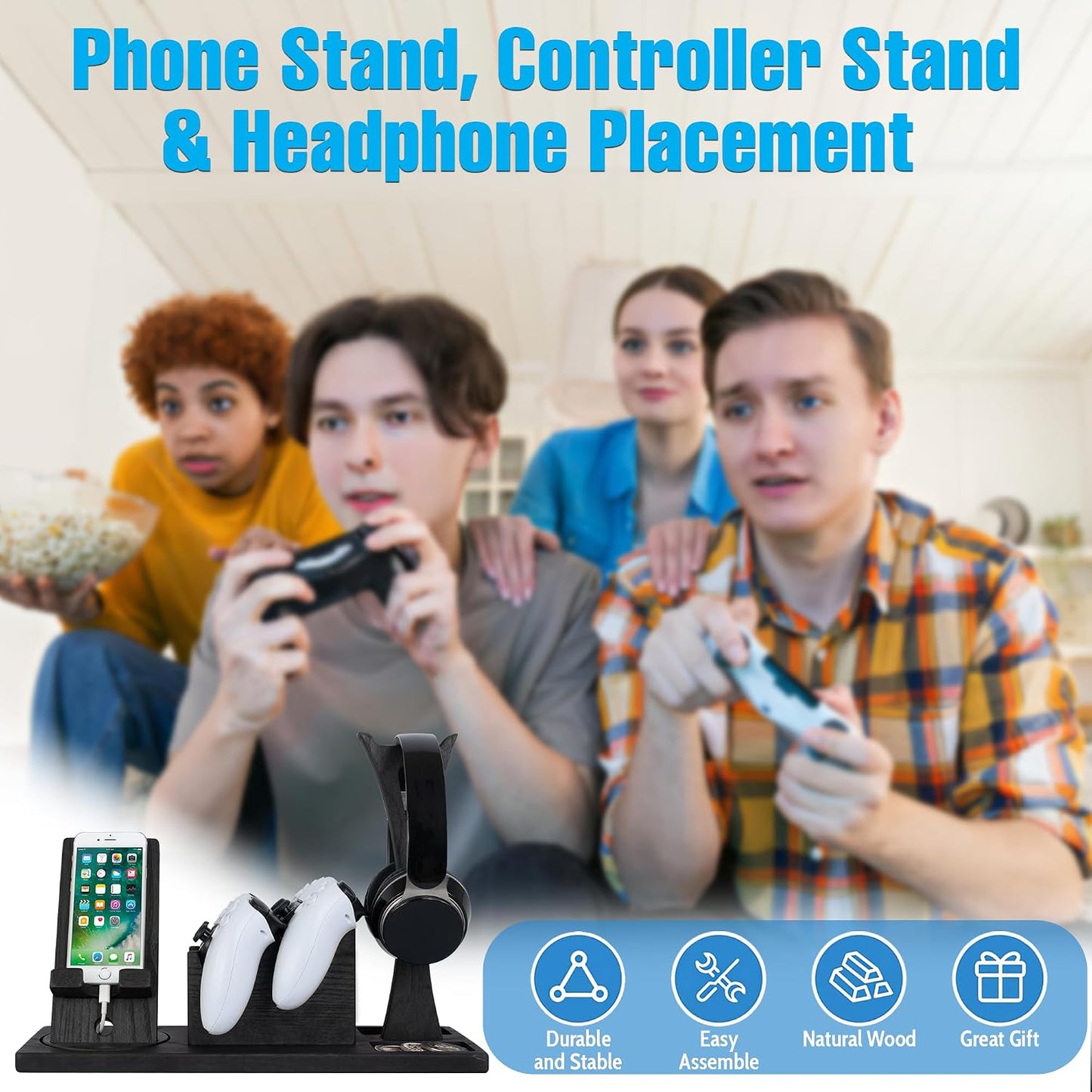 Unique Gift for Gamers, Game Room Decor. Unique Gaming Organizer with Headset Holder, Rotatable Phone Stand & Controller Stand. Wooden Gaming Gadget for Gaming Desktop, Streamer, Teenage Boy