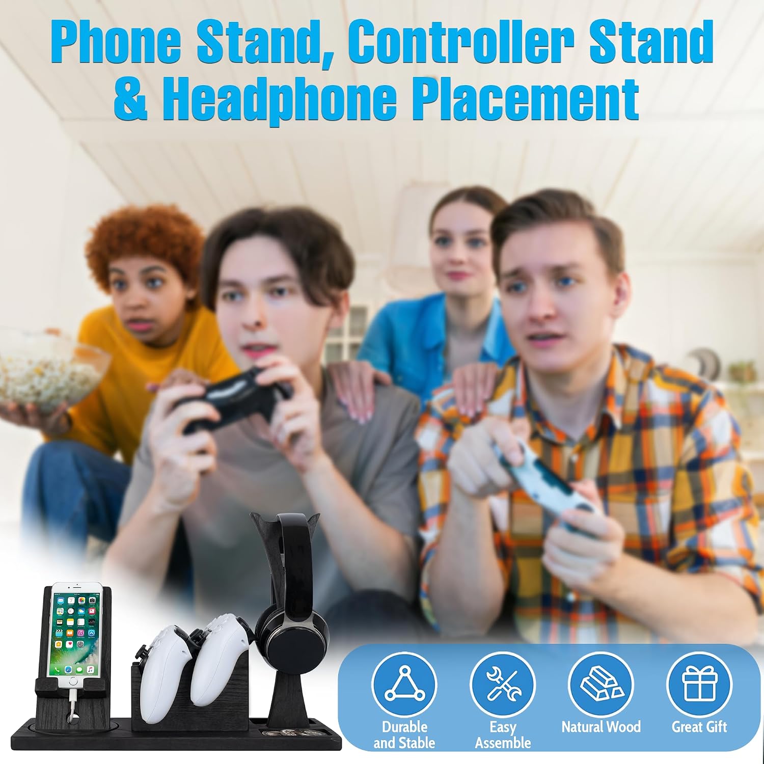 Unique Gift for Gamers, Game Room Decor. Unique Gaming Organizer with Headset Holder, Rotatable Phone Stand & Controller Stand. Wooden Gaming Gadget for Gaming Desktop, Streamer, Teenage Boy
