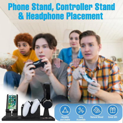 Unique Gift for Gamers, Game Room Decor. Unique Gaming Organizer with Headset Holder, Rotatable Phone Stand & Controller Stand. Wooden Gaming Gadget for Gaming Desktop, Streamer, Teenage Boy