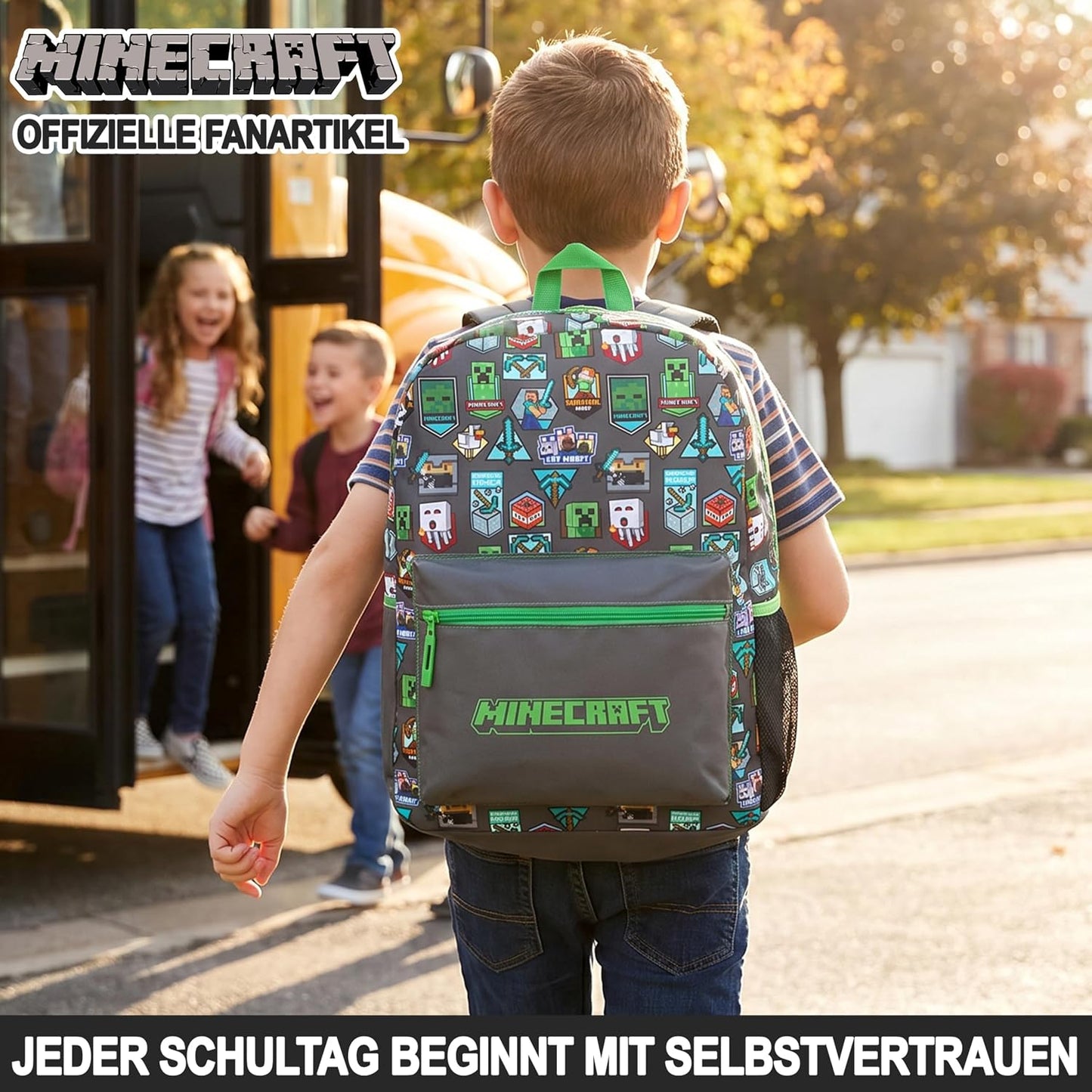 Get Trend Minecraft Kids Backpack, Boys Lightweight 17.7in Book Bag with Adjustable Padded Straps Travel School Bag, Creeper Gamer Gifts for Boys (Green/Grey Minecraft)