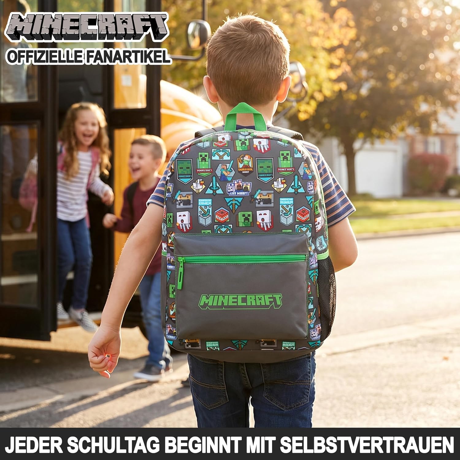 Get Trend Minecraft Kids Backpack, Boys Lightweight 17.7in Book Bag with Adjustable Padded Straps Travel School Bag, Creeper Gamer Gifts for Boys (Green/Grey Minecraft)