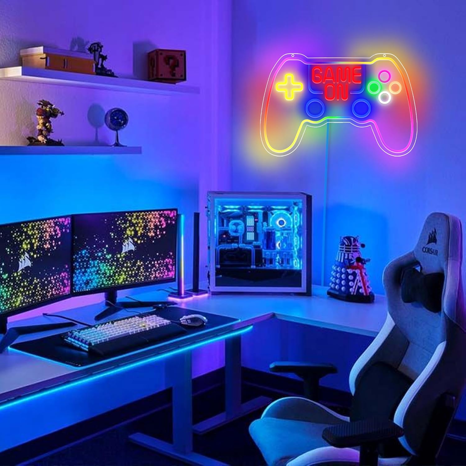 GGK RGB Game Controller Neon Sign Game On LED Light for Gaming Room Decor Gamer Gift USB Powered with Dimmer Gamer Light for Teen Boys Bedroom Decoration