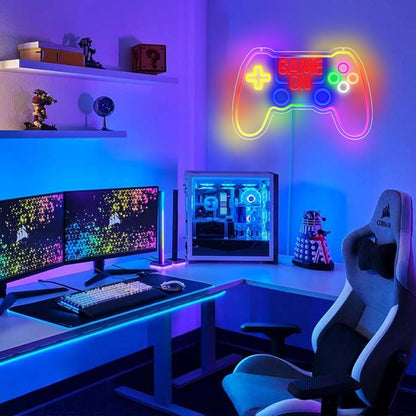 GGK RGB Game Controller Neon Sign Game On LED Light for Gaming Room Decor Gamer Gift USB Powered with Dimmer Gamer Light for Teen Boys Bedroom Decoration