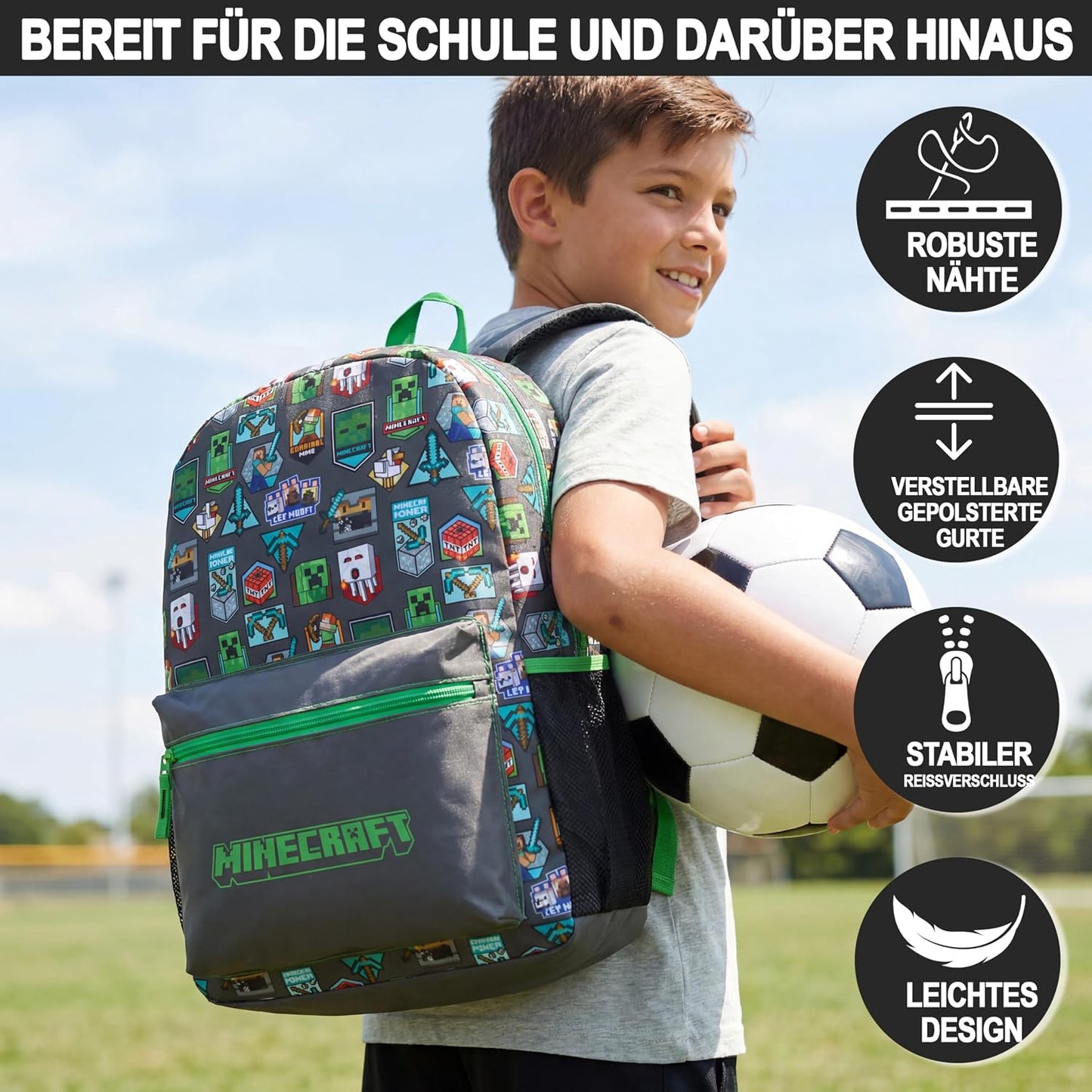 Get Trend Minecraft Kids Backpack, Boys Lightweight 17.7in Book Bag with Adjustable Padded Straps Travel School Bag, Creeper Gamer Gifts for Boys (Green/Grey Minecraft)