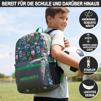Get Trend Minecraft Kids Backpack, Boys Lightweight 17.7in Book Bag with Adjustable Padded Straps Travel School Bag, Creeper Gamer Gifts for Boys (Green/Grey Minecraft)