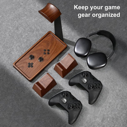 UPERGO Headphone and Headset Stand with Controller Holders for Gaming Desk | Solid Wood, Holds 2 Controllers, Storage Tray for Gaming Accessories, Compatible with PS5 and Xbox