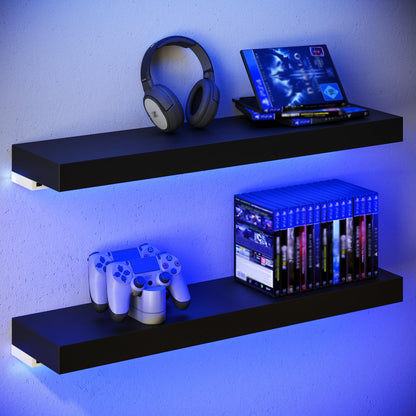 BAMEOS Floating Shelves with RGB LED, 31" Wall Mounted Wooden Shelves with Invisible Brackets, Set of 2, Hanging Wall Shelves for Bedroom, Bathroom, Living Room and Kitchen (Black)