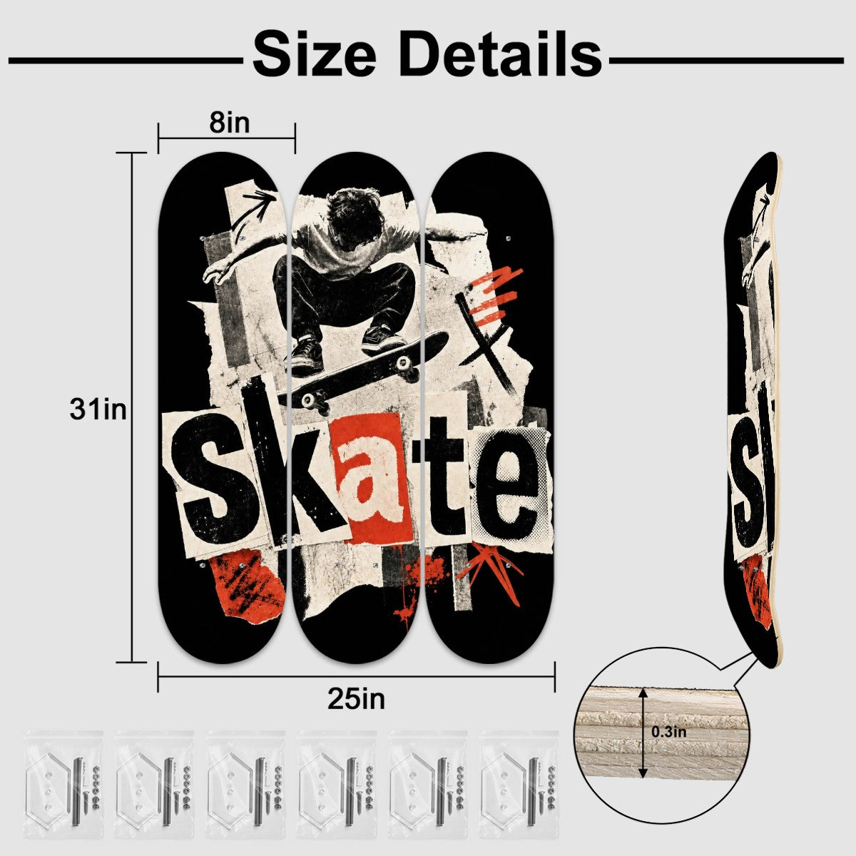 3-Panel Skateboard Wall Art - Canadian Maple Wood, Made in USA
