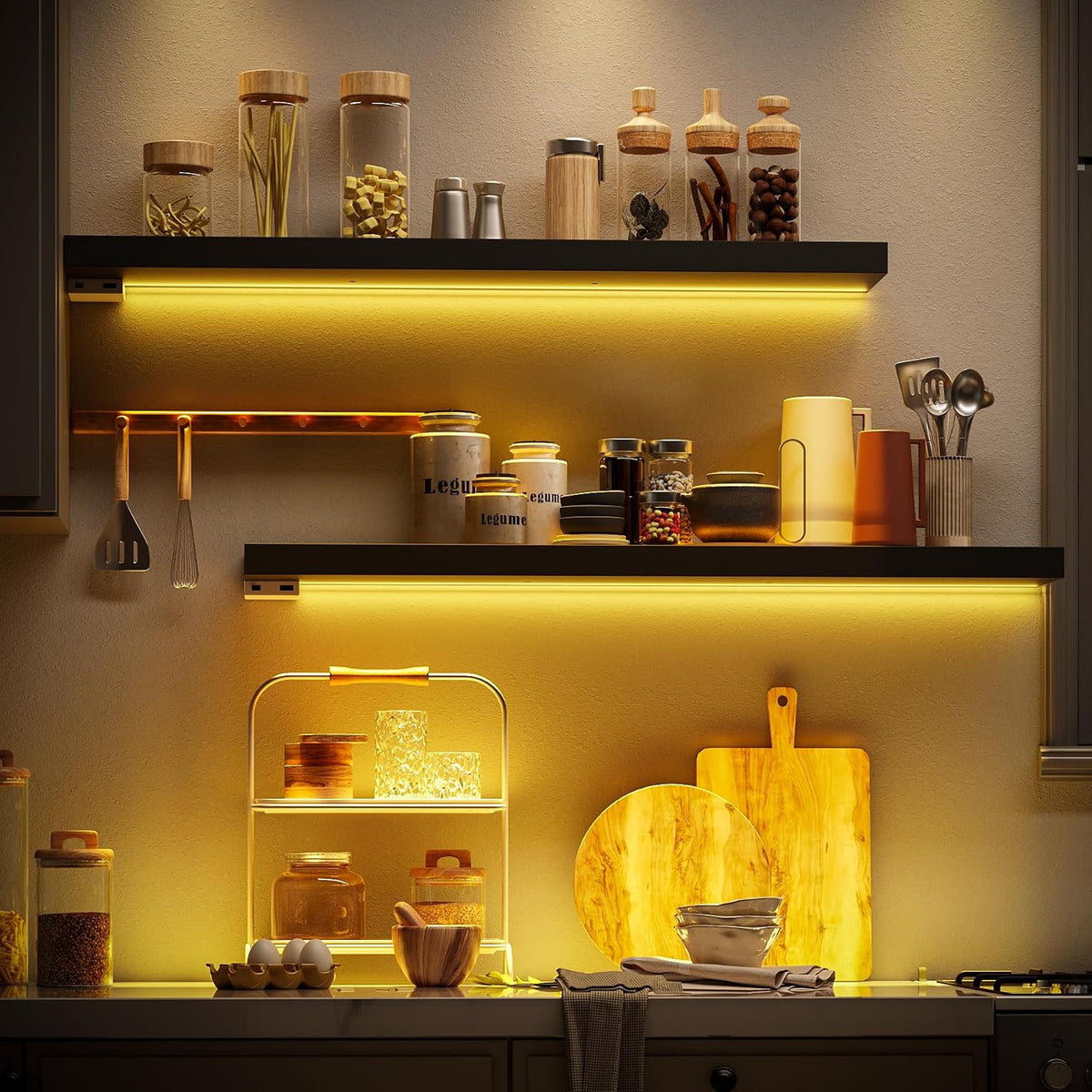 BAMEOS Floating Shelves with RGB LED, 31" Wall Mounted Wooden Shelves with Invisible Brackets, Set of 2, Hanging Wall Shelves for Bedroom, Bathroom, Living Room and Kitchen (Black)