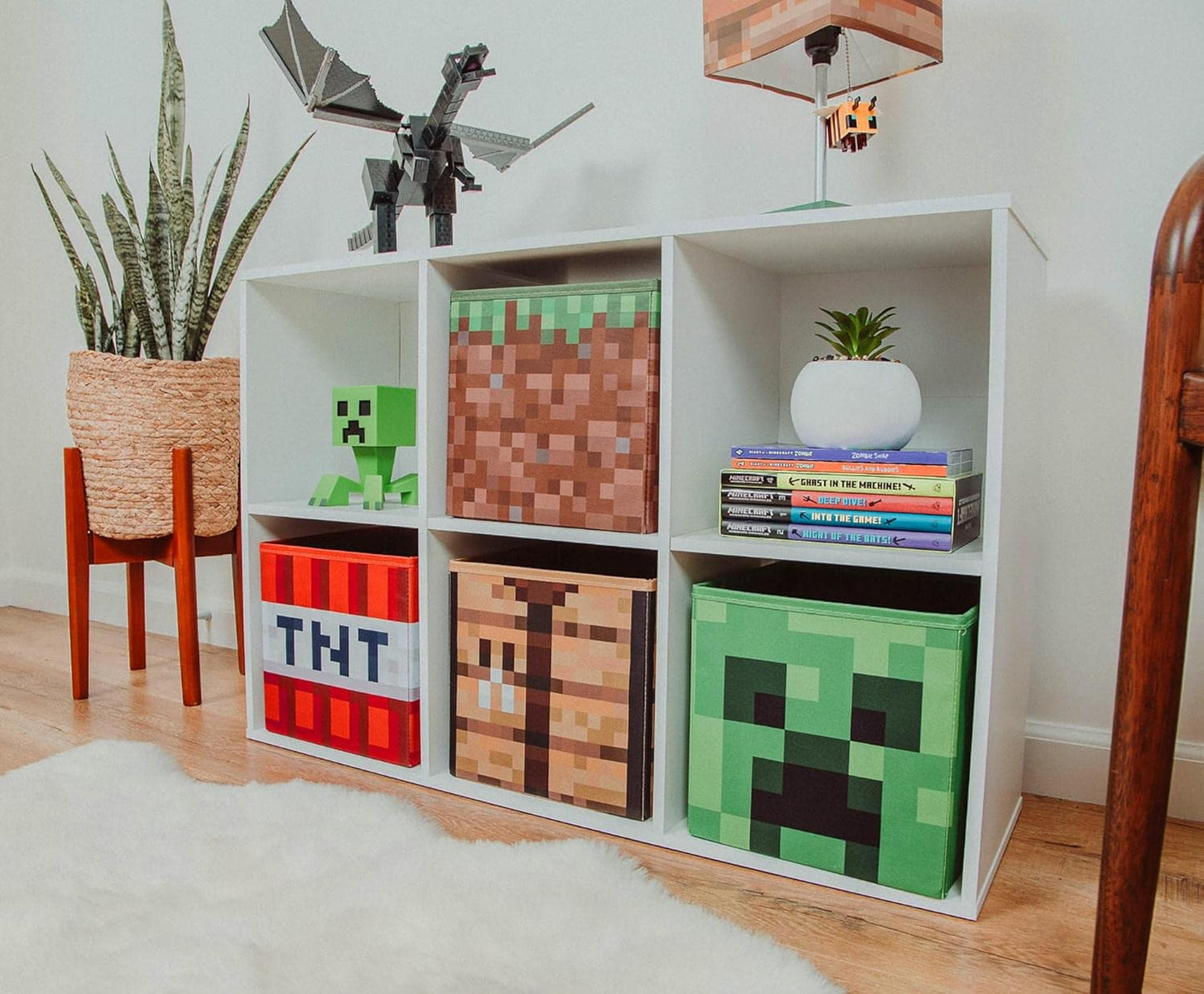 Minecraft 10-Inch Storage Set of 4 Bins | Includes Creeper, TNT, Grass, Crafting Table | Fabric Basket Container, Cubby Closet Organizer, Home Decor for Playroom | Video Game Gifts And Collectibles