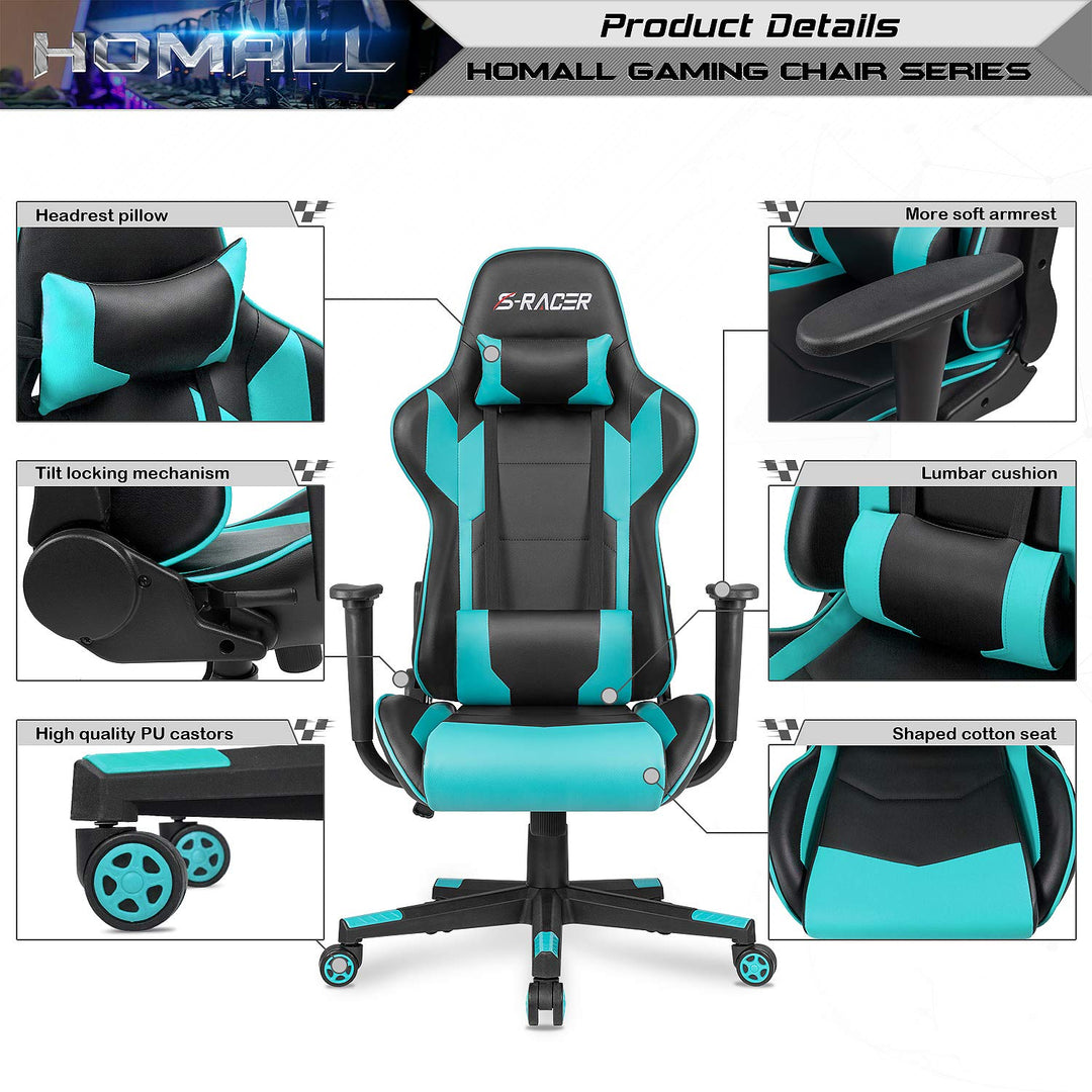 Homall Gaming Chair, Office Chair High Back Computer Chair Leather Desk Chair Racing Executive Ergonomic Adjustable Swivel Task Chair with Headrest and Lumbar Support (White) - Gapo Goods - 