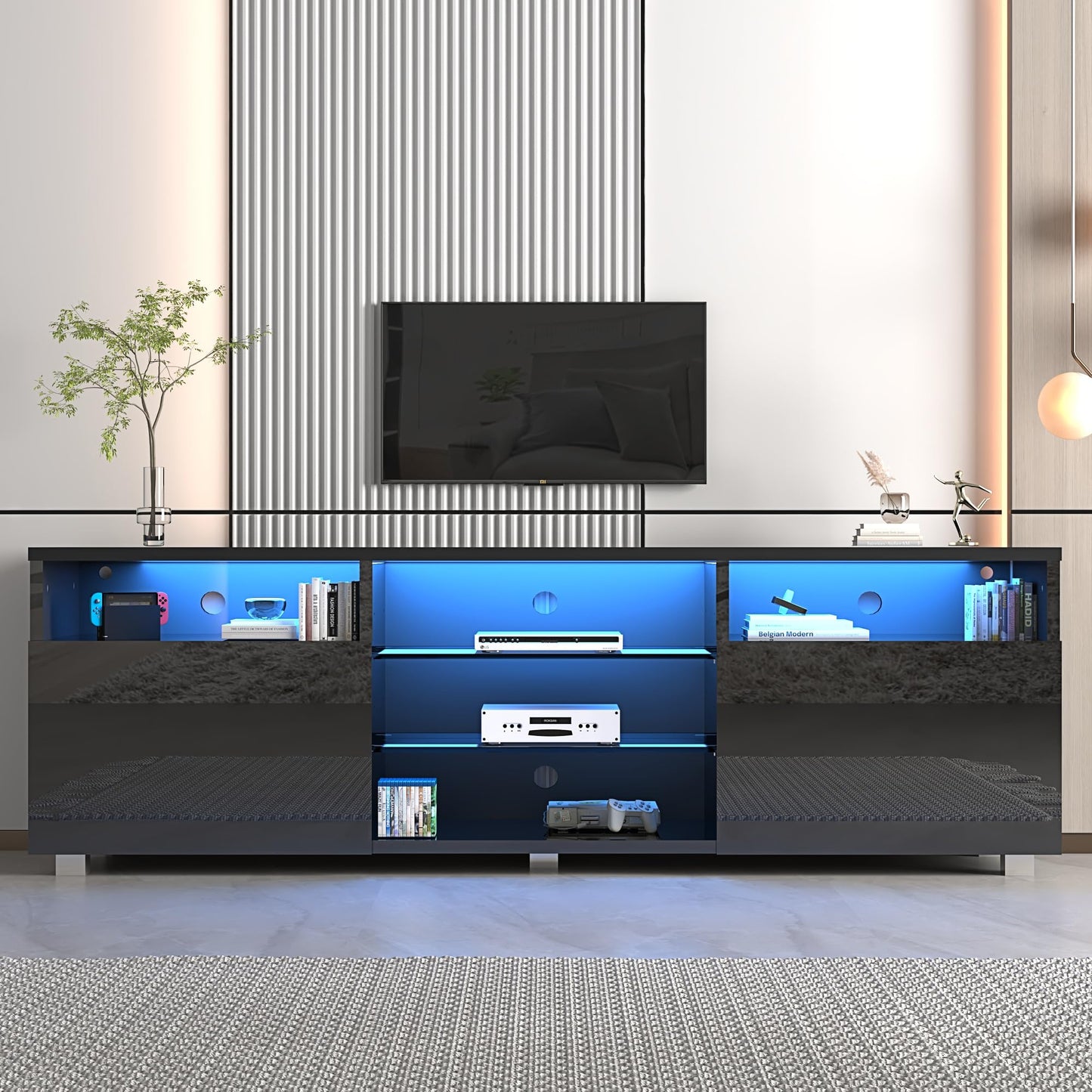 St.Mandyu LED TV Stand for 50/55/60 inch TV, Modern Television Table Center Media Console with Drawer and Led Lights, High Glossy Entertainment Center for Living Game Room Bedroom, Black¡