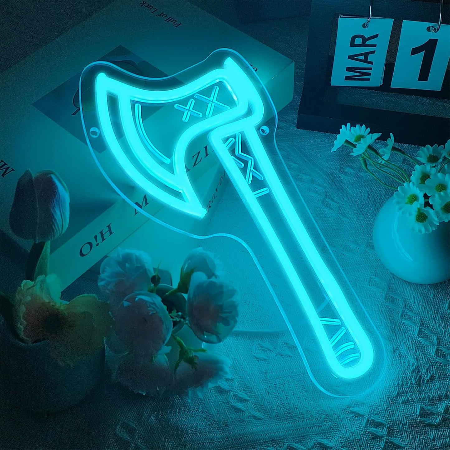 Ice Blue Battle Axe Neon Sign, Viking War Axe Neon Light LED Gaming Sign USB Powered, for Norse Mythology Battle Axe Light Game Room Bedroom Studio Fantasy Weapon Wall Decor(11.8 * 5.9 In)