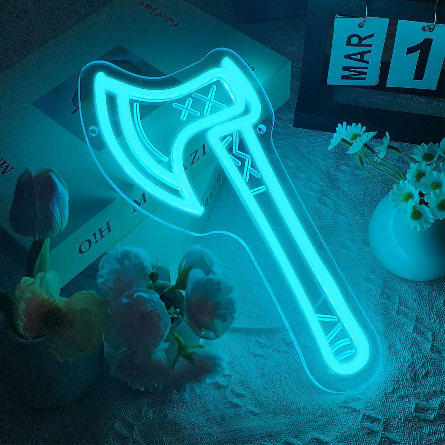 Ice Blue Battle Axe Neon Sign, Viking War Axe Neon Light LED Gaming Sign USB Powered, for Norse Mythology Battle Axe Light Game Room Bedroom Studio Fantasy Weapon Wall Decor(11.8 * 5.9 In)