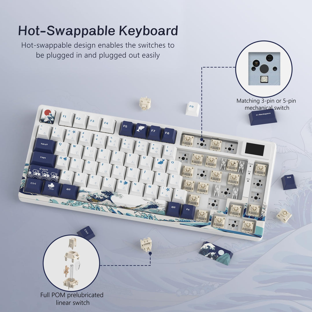 XVX Womier S-K80 75% Keyboard with Color Multimedia Display Mechanical Gaming Keyboard, Wired Hot Swappable Gasket Mount RGB Custom Keyboard, Pre-lubed Stabilizer for Mac/Win, Black Kanagawa