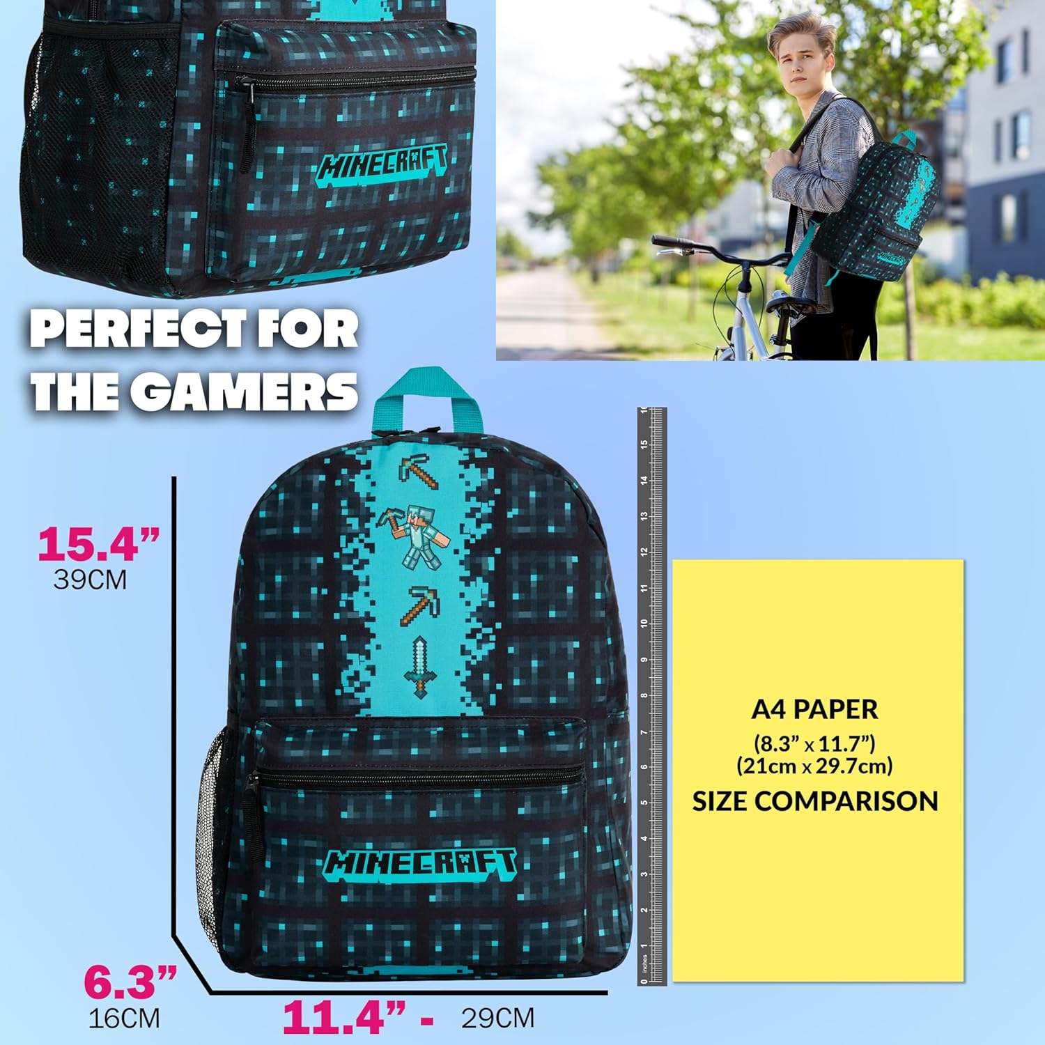 Minecraft Backpack for Boys Kids Teens Adjustable Straps Front Pocket Daypack Backpacks for Sports Gym School Gamer Gifts (Blue)