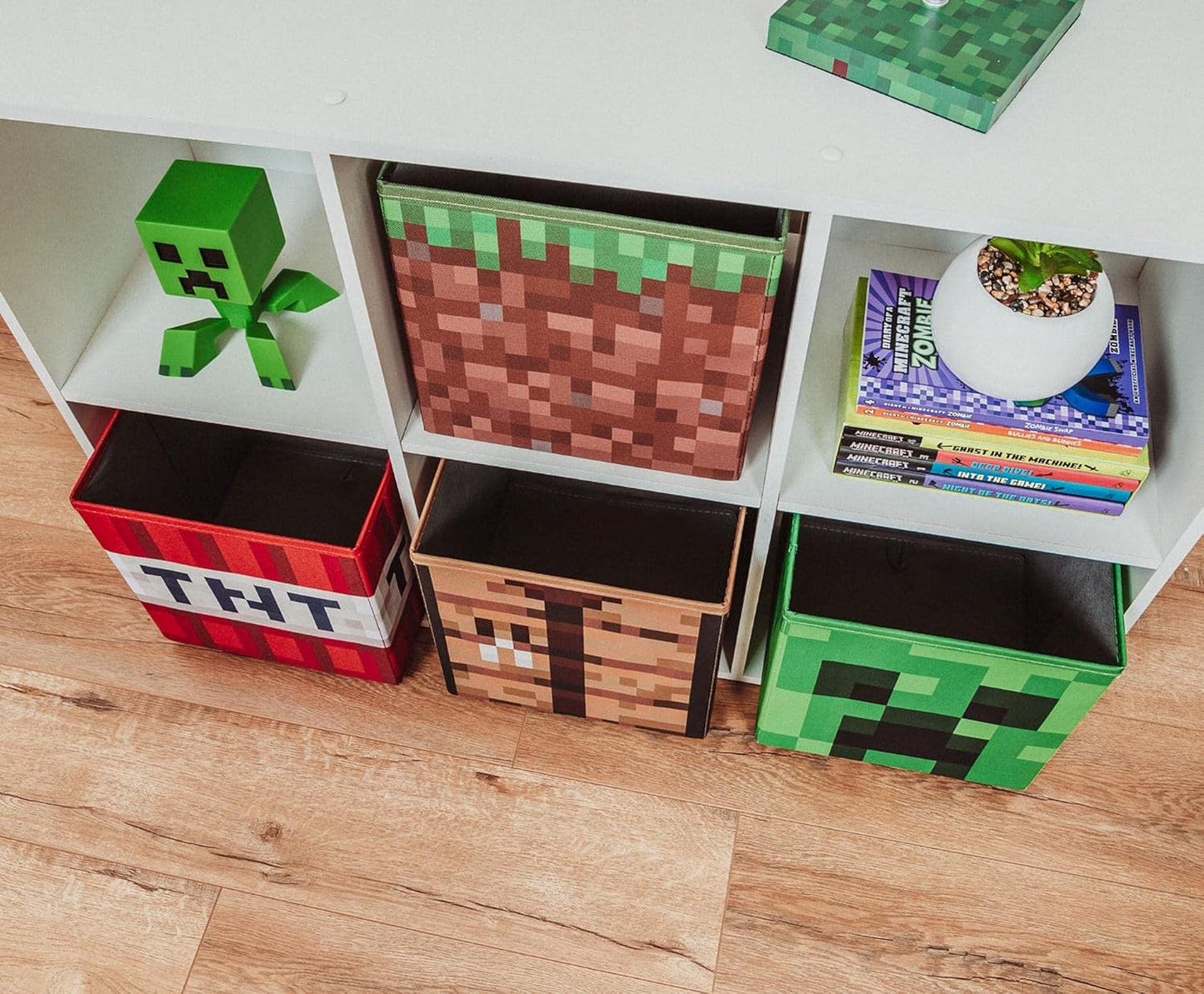 Minecraft 10-Inch Storage Set of 4 Bins | Includes Creeper, TNT, Grass, Crafting Table | Fabric Basket Container, Cubby Closet Organizer, Home Decor for Playroom | Video Game Gifts And Collectibles