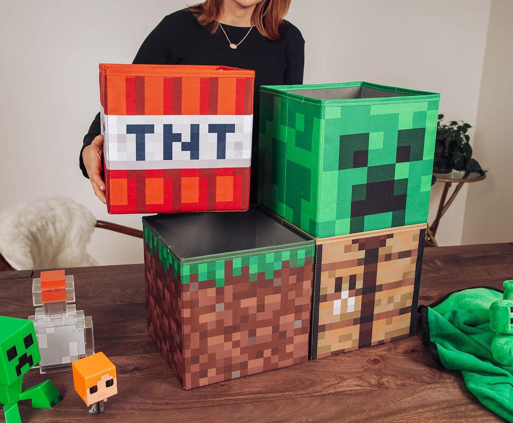 Minecraft 10-Inch Storage Set of 4 Bins | Includes Creeper, TNT, Grass, Crafting Table | Fabric Basket Container, Cubby Closet Organizer, Home Decor for Playroom | Video Game Gifts And Collectibles