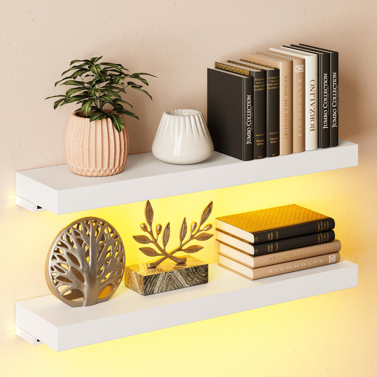 BAMEOS Floating Shelves with RGB LED, 31" Wall Mounted Wooden Shelves with Invisible Brackets, Set of 2, Hanging Wall Shelves for Bedroom, Bathroom, Living Room and Kitchen (Black)