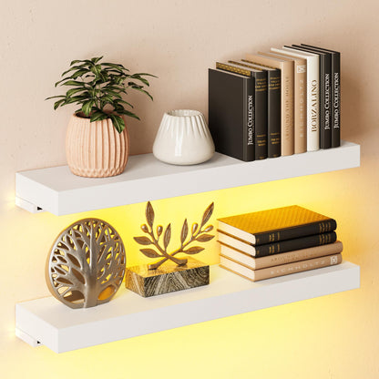 BAMEOS Floating Shelves with RGB LED, 31" Wall Mounted Wooden Shelves with Invisible Brackets, Set of 2, Hanging Wall Shelves for Bedroom, Bathroom, Living Room and Kitchen (Black)