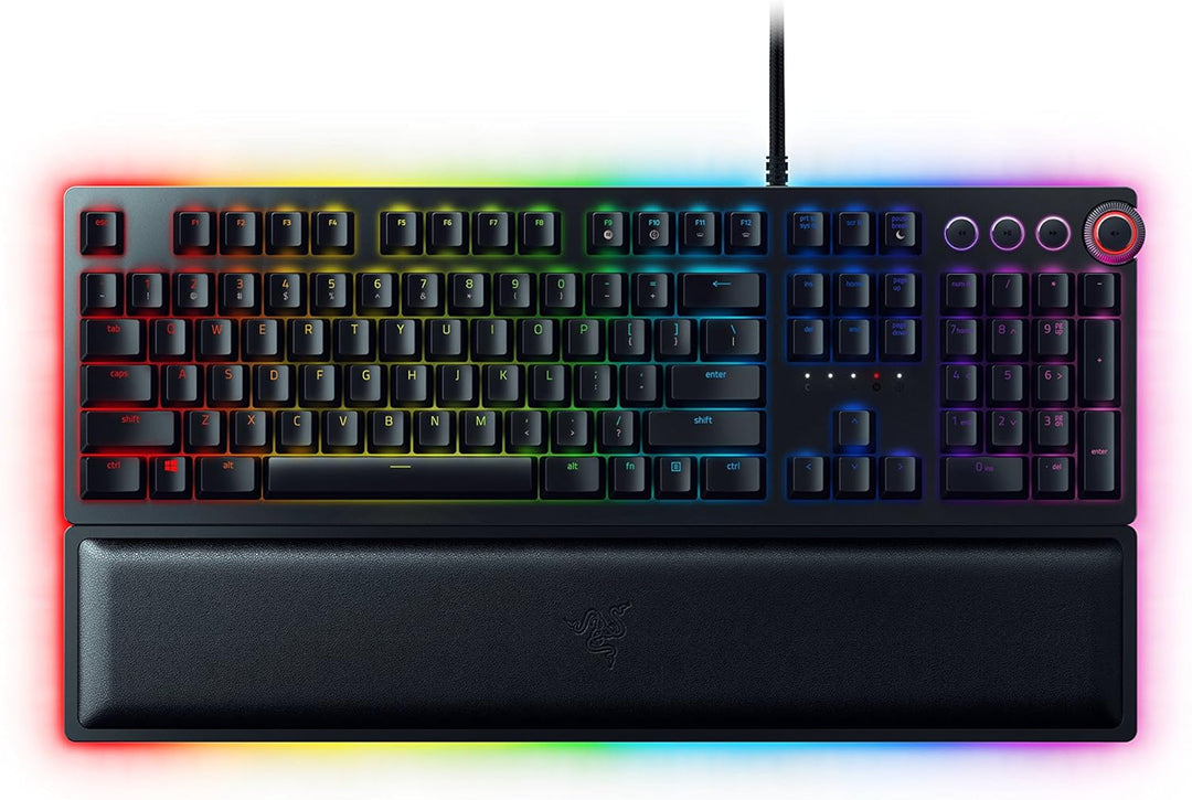 Razer Huntsman Elite Gaming Keyboard: Fast Keyboard Switches - Linear Optical Switches - Chroma RGB Lighting - Magnetic Plush Wrist Rest - Dedicated Media Keys & Dial - Classic Black