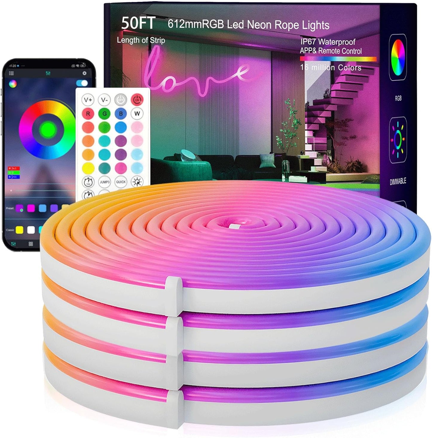 SILFU Neon Rope Lights, 50FT RGB LED Strip Lights