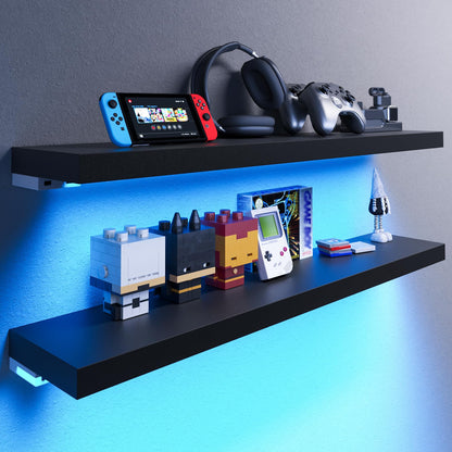 BAMEOS Floating Shelves with RGB LED, 31" Wall Mounted Wooden Shelves with Invisible Brackets, Set of 2, Hanging Wall Shelves for Bedroom, Bathroom, Living Room and Kitchen (Black)