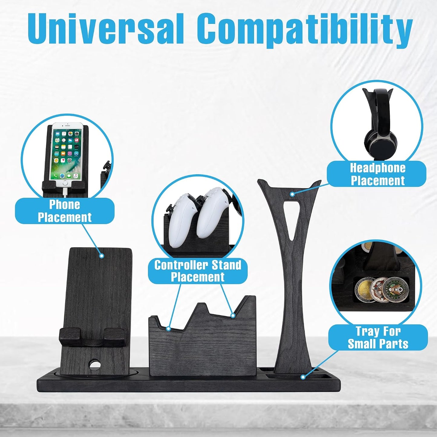 Unique Gift for Gamers, Game Room Decor. Unique Gaming Organizer with Headset Holder, Rotatable Phone Stand & Controller Stand. Wooden Gaming Gadget for Gaming Desktop, Streamer, Teenage Boy