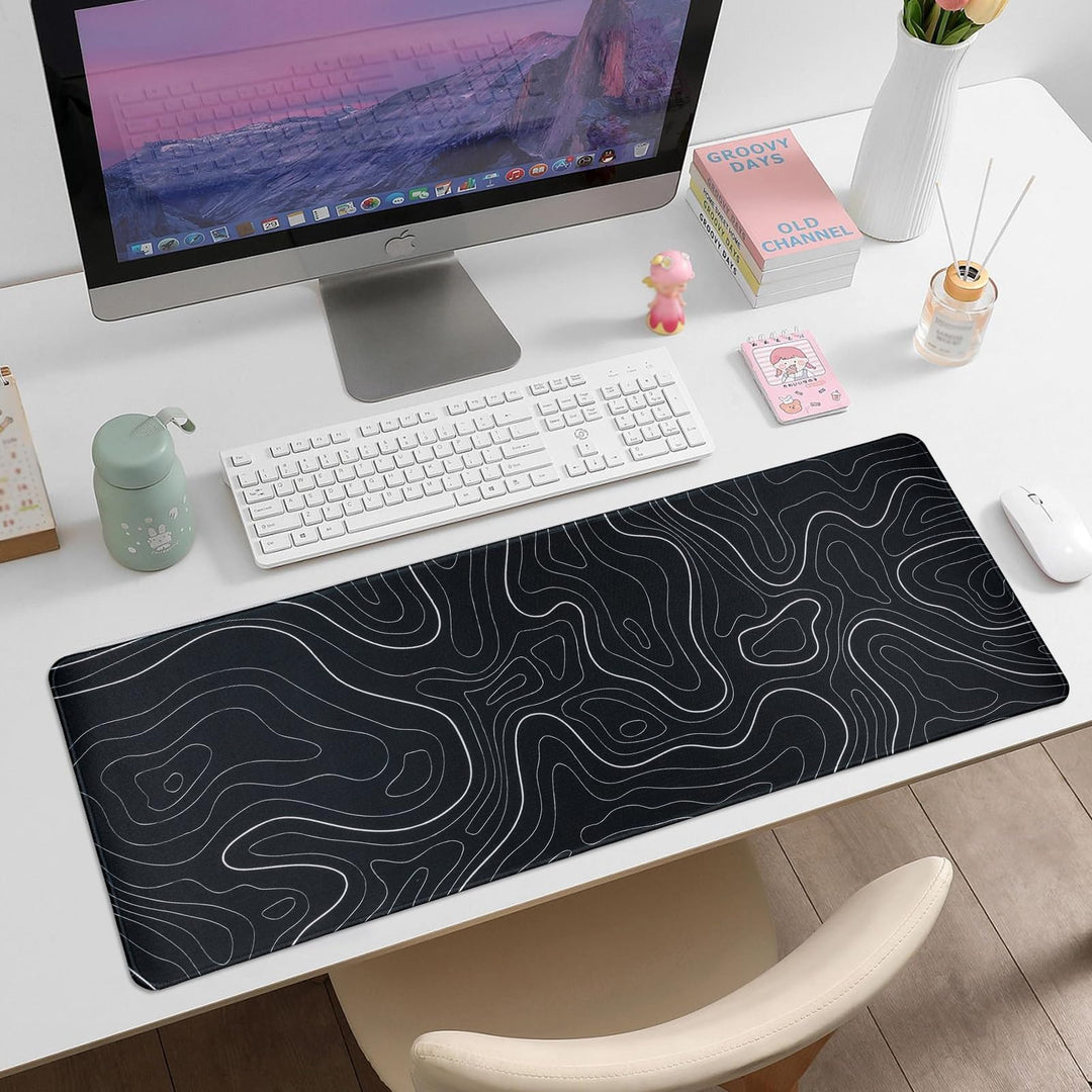 Gaming Mouse Pad Large 31.5 x 11.8in Topographic Keyboard Mousepad for Non-Slip Base and Stitched Edge, Extended Desk Pad XL Desk Mat (Black)