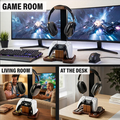 Gaming Equipment Headset Stand with Game Controller Holder & Storage Base, Stylish Gamer Gifts for Men Teenage Boy Headphone Stand, Unique Gifts for Gamers to Organize Gaming Accessories (Brown Wood)