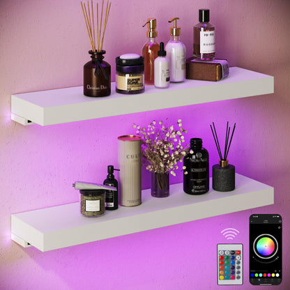 BAMEOS Floating Shelves with RGB LED, 31" Wall Mounted Wooden Shelves with Invisible Brackets, Set of 2, Hanging Wall Shelves for Bedroom, Bathroom, Living Room and Kitchen (Black)