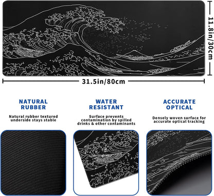 Japanese Gaming Mouse Pad Abstract Black Mouse Pad 31.5x11.8 Inch Black Sea Wave Texture Non-Slip Rubber Base Large Ocean Mousepad Stitched Edges Keyboard Mouse Mat Desk Pad for Office and Home