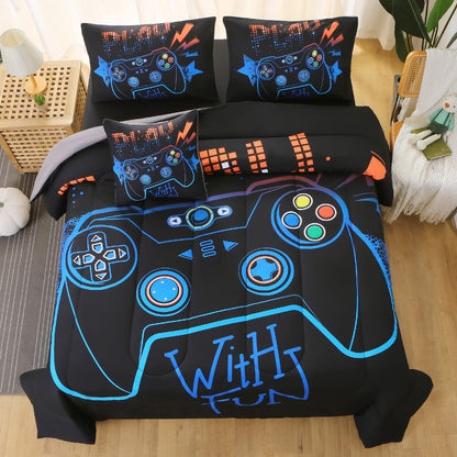 JQinHome Full Gamer Comforter Set,6 Piece Bed in A Bag 3D Video Game Bedding -All Season Down Alternative Gamer Bedding Sets - (Blue Game Controller)