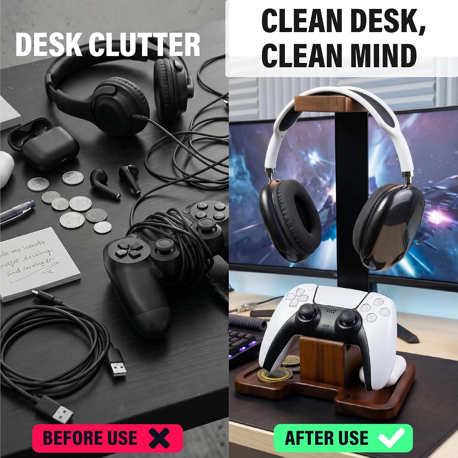 Gaming Equipment Headset Stand with Game Controller Holder & Storage Base, Stylish Gamer Gifts for Men Teenage Boy Headphone Stand, Unique Gifts for Gamers to Organize Gaming Accessories (Brown Wood)