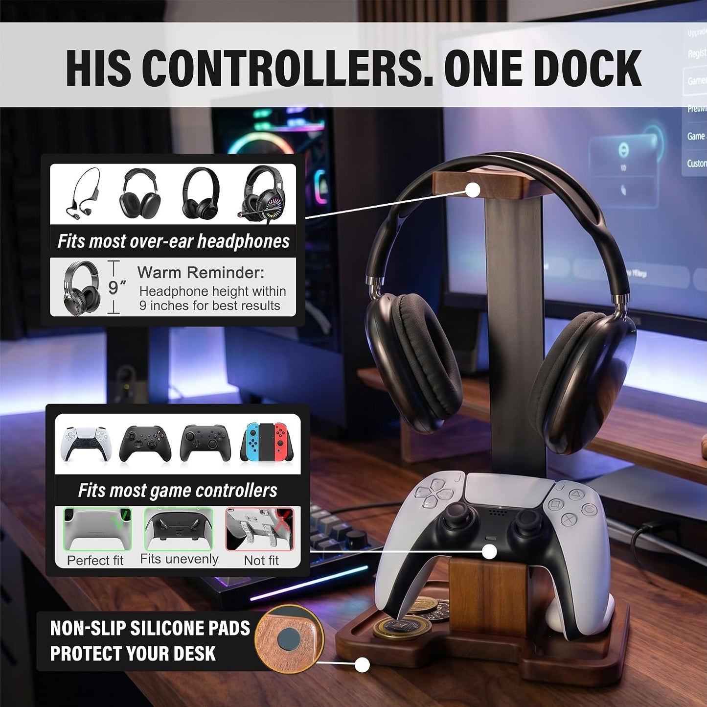 Gaming Equipment Headset Stand with Game Controller Holder & Storage Base, Stylish Gamer Gifts for Men Teenage Boy Headphone Stand, Unique Gifts for Gamers to Organize Gaming Accessories (Brown Wood)